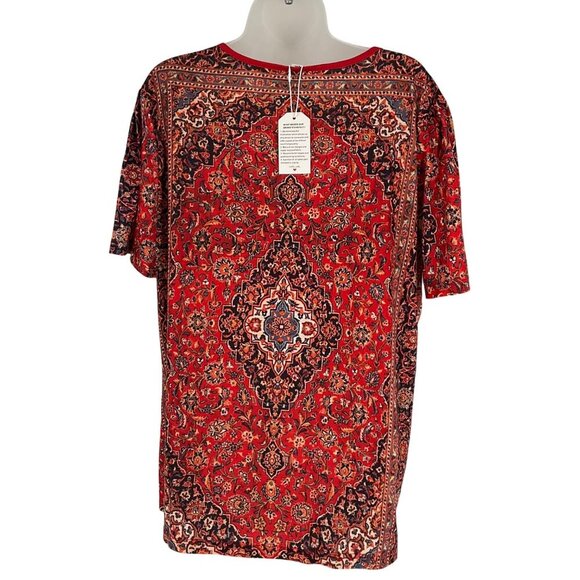 Red & Black Floral Print V-Neck Short Sleeve Womens Top Size XXL - Picture 7 of 8